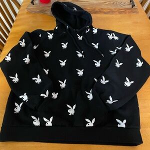 Playboy hoodie black white size medium oversized allover print bunny logo